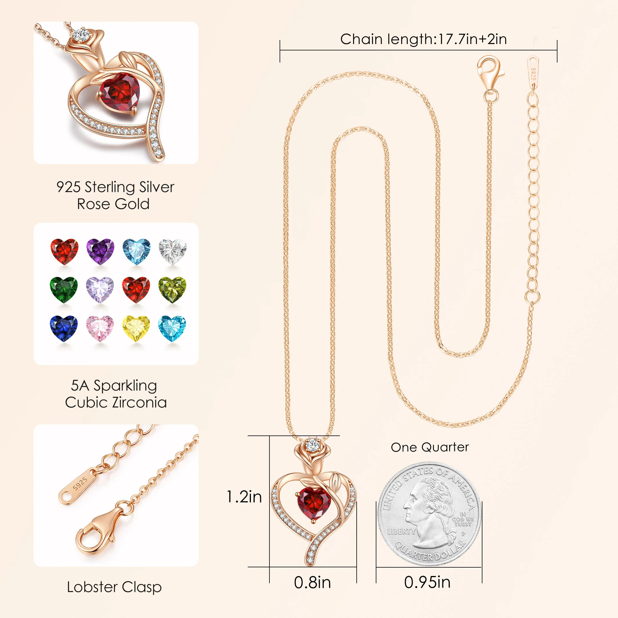 CDE YN1168 Fine 925 Sterling Silver Jewelry Necklace Wholesale Heart Zircon pendant Rose Gold Plated Birthstone Pendant Necklace