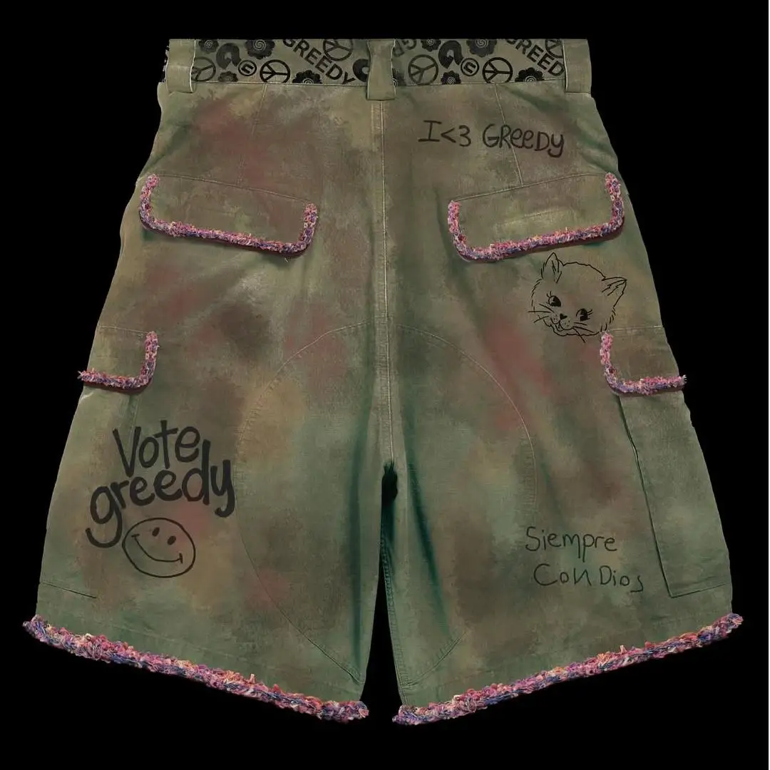 product heavyweight custom graffiti embellished vintage green cargo shorts mens loose street style distressed straight leg pants-3