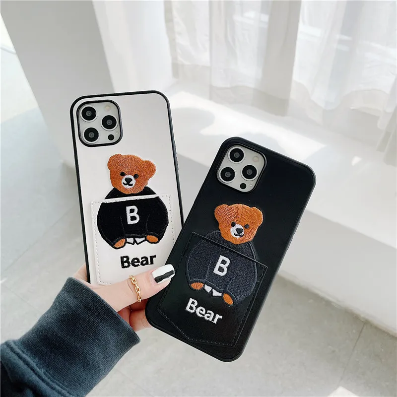 Cute Shell Cover Phone Card Pocket Bear Cartoon Leather Phone Cases for Apple iPhone 15 14 13 12 11 pro max Case