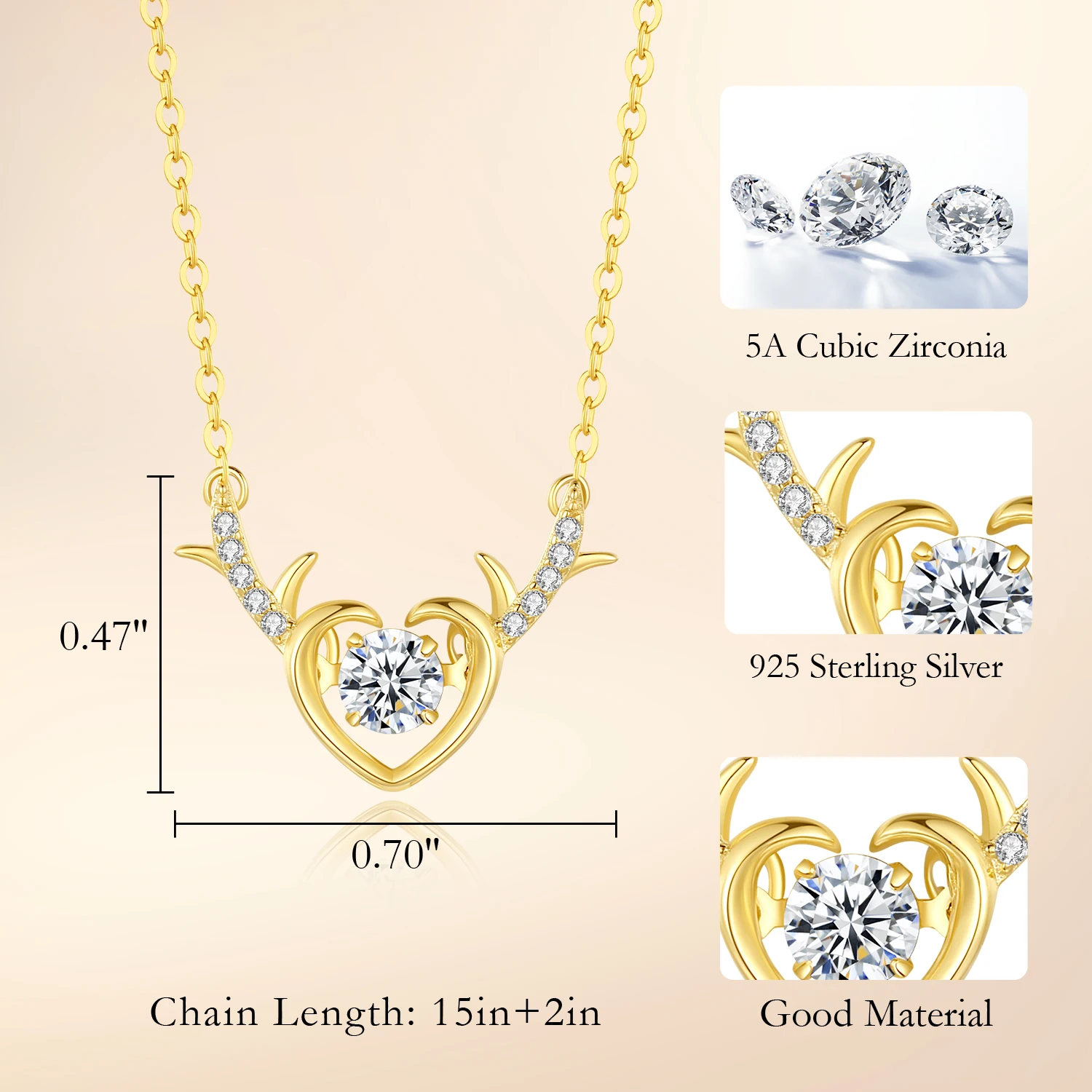 CDE CZYN019 925 Sterling Silver 14K Gold Plated Christmas Jewelry Gift Heart-shaped Deer Pendant Necklace Christmas Necklace