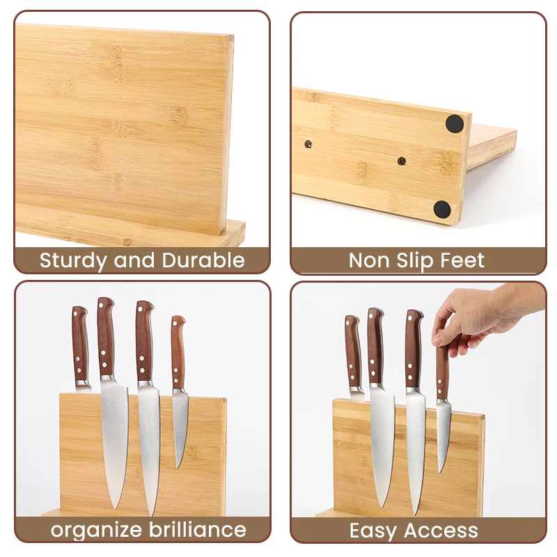 Factory Supply Best Powerful Magnetic double Sided Magnetic Knife Holder Bamboo Knife Stand for Kitchen Display and Organizer