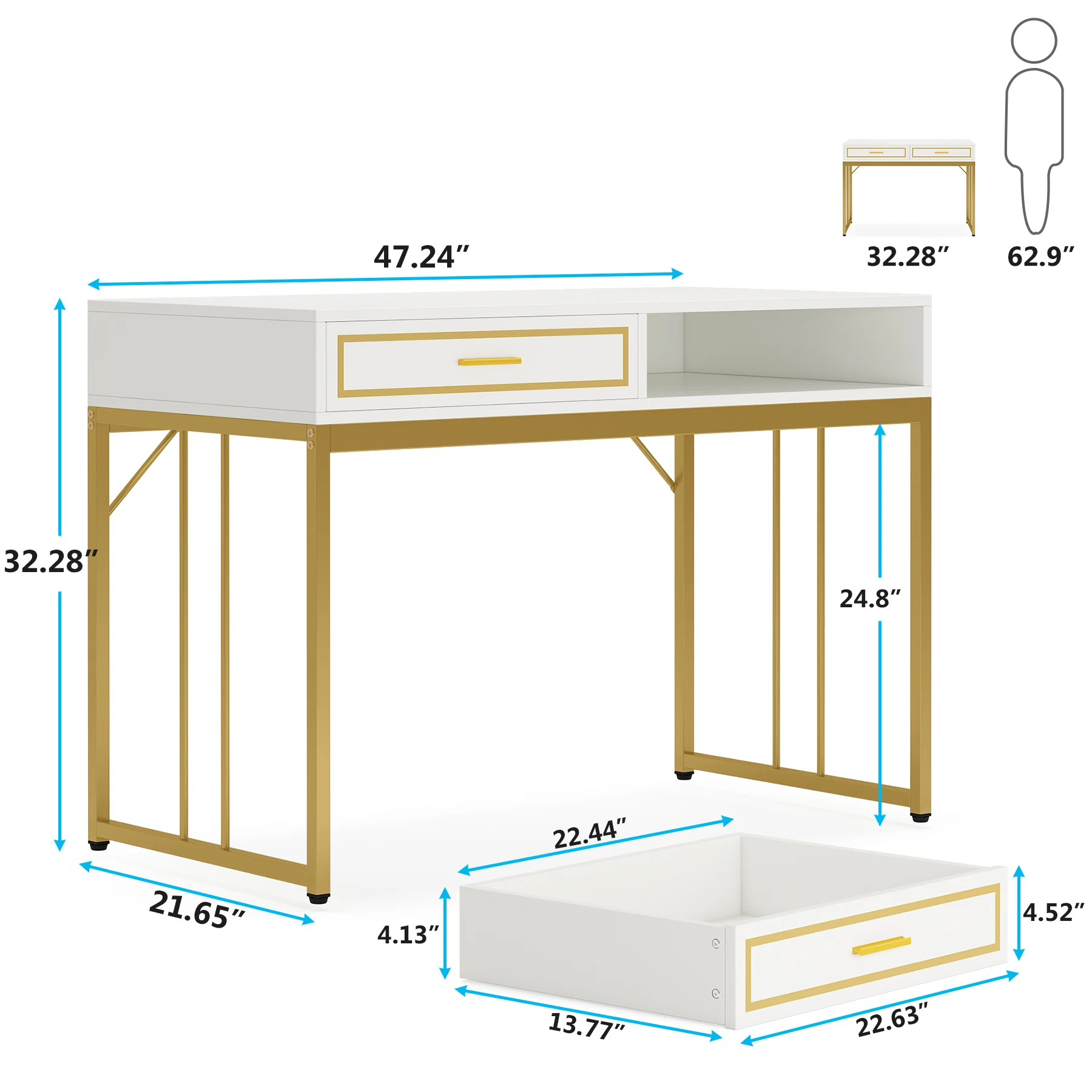 Tribesigns 47 Inch Make Up Vanity Console Table Computer Desk with 2 Drawers for Home Office White and Gold