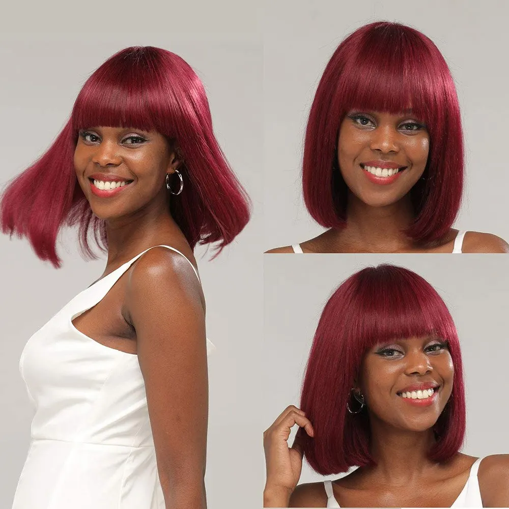 99J Burgundy Straight Bob Human Hair Wigs With Bang Full Machine Made Brazilian Remy Human Hair Short Bob Wigs For Black Woman