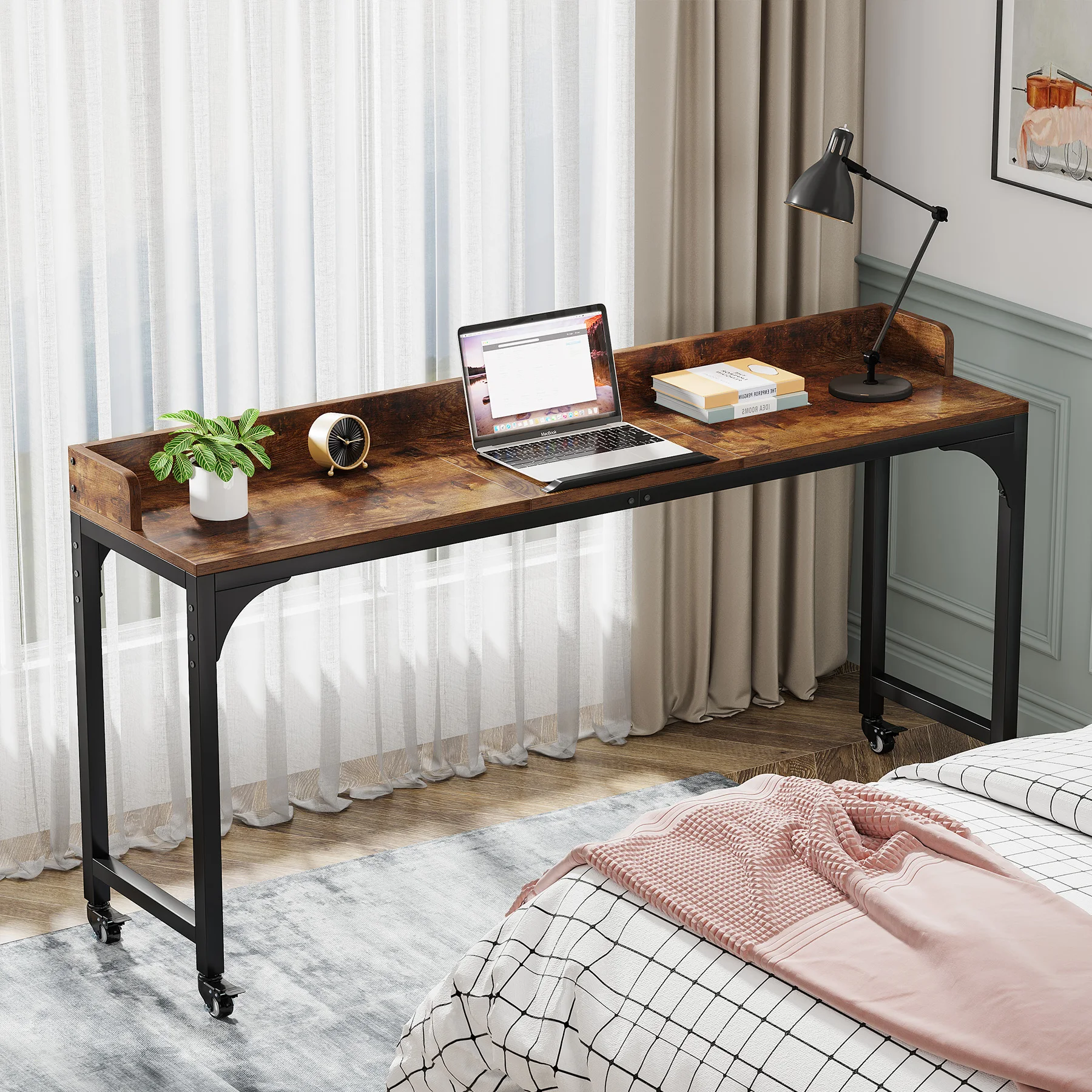 Over The Bed Long Coffee Table Mobile Wooden Laptop Desk With Adjustable Tilt Board