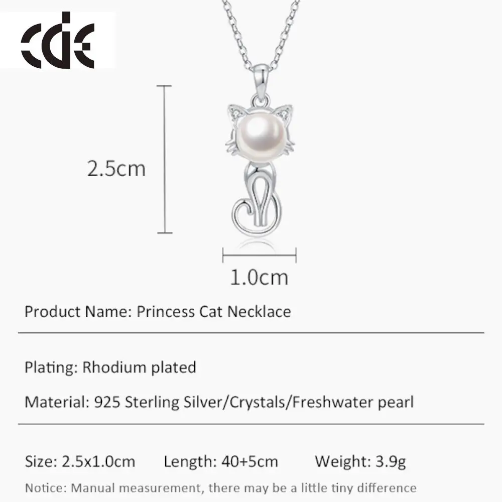 CDE YN1016 Fine 925 Sterling Silver Jewelry Cute Cat Charm Necklace Freshwater Pearl Animal Pendant Necklace For Girl