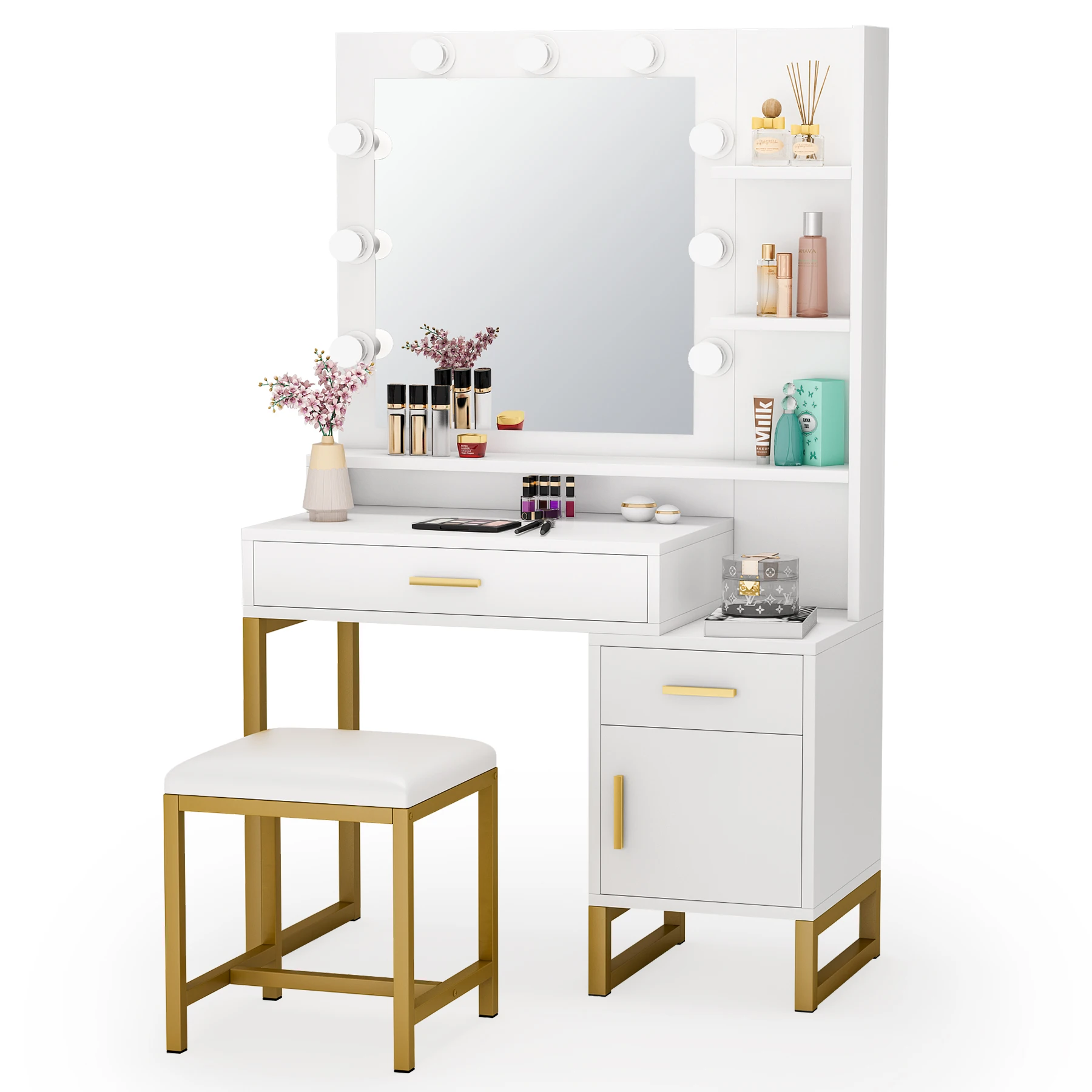 Tribesigns Women 3 Drawer Mirror Bedside Table Makeup Vanity Table with Lighted Mirror