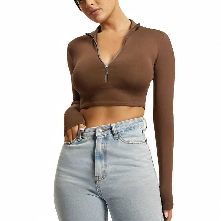 100% Organic Cotton Women Long Sleeve Crop Top  T Shirts Zipper Breathable Casual Outdoor Wear T Shirts With Custom Logo