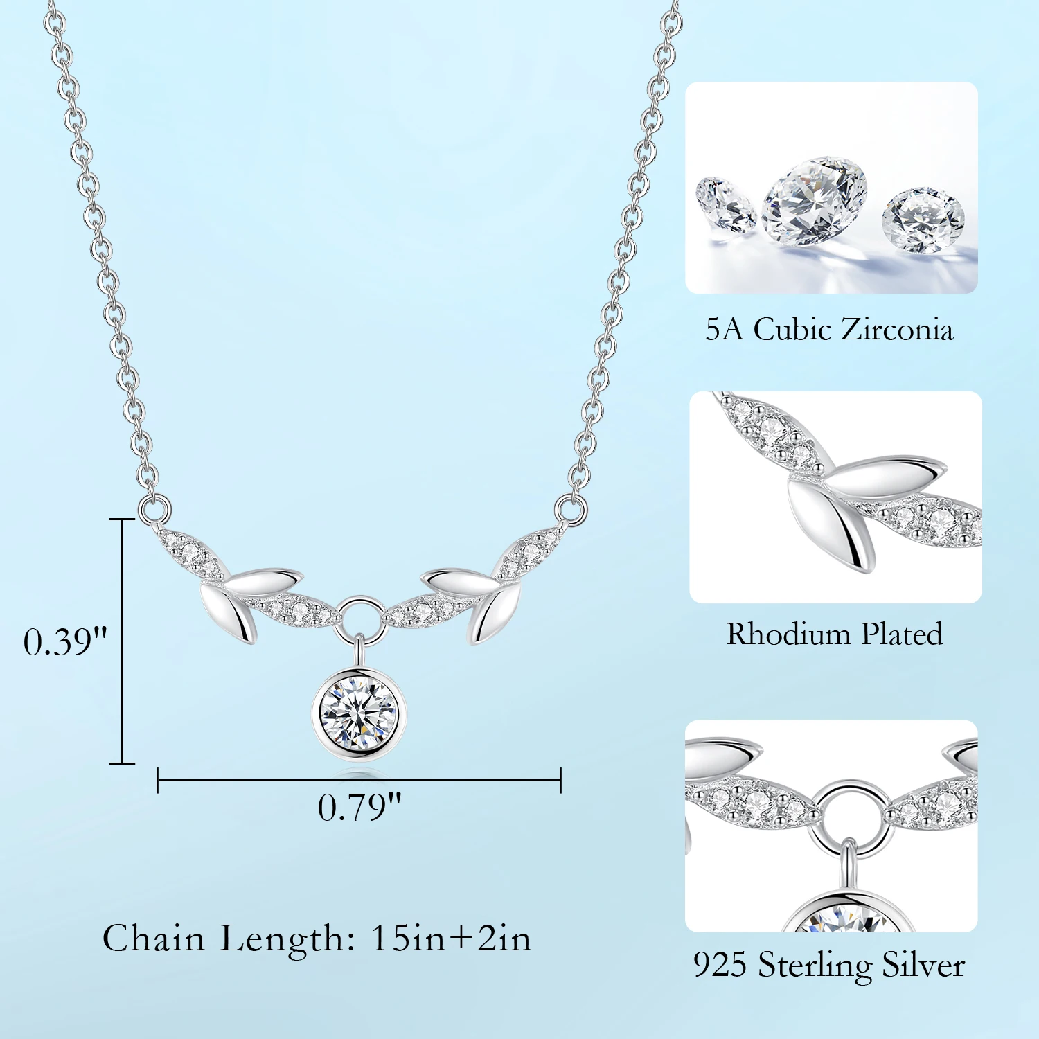 CDE CZYN004 Fine 925 Sterling Silver Jewelry Necklace Classic Zircon Pendant Rhodium Plated Women Leaf Pendant Necklace