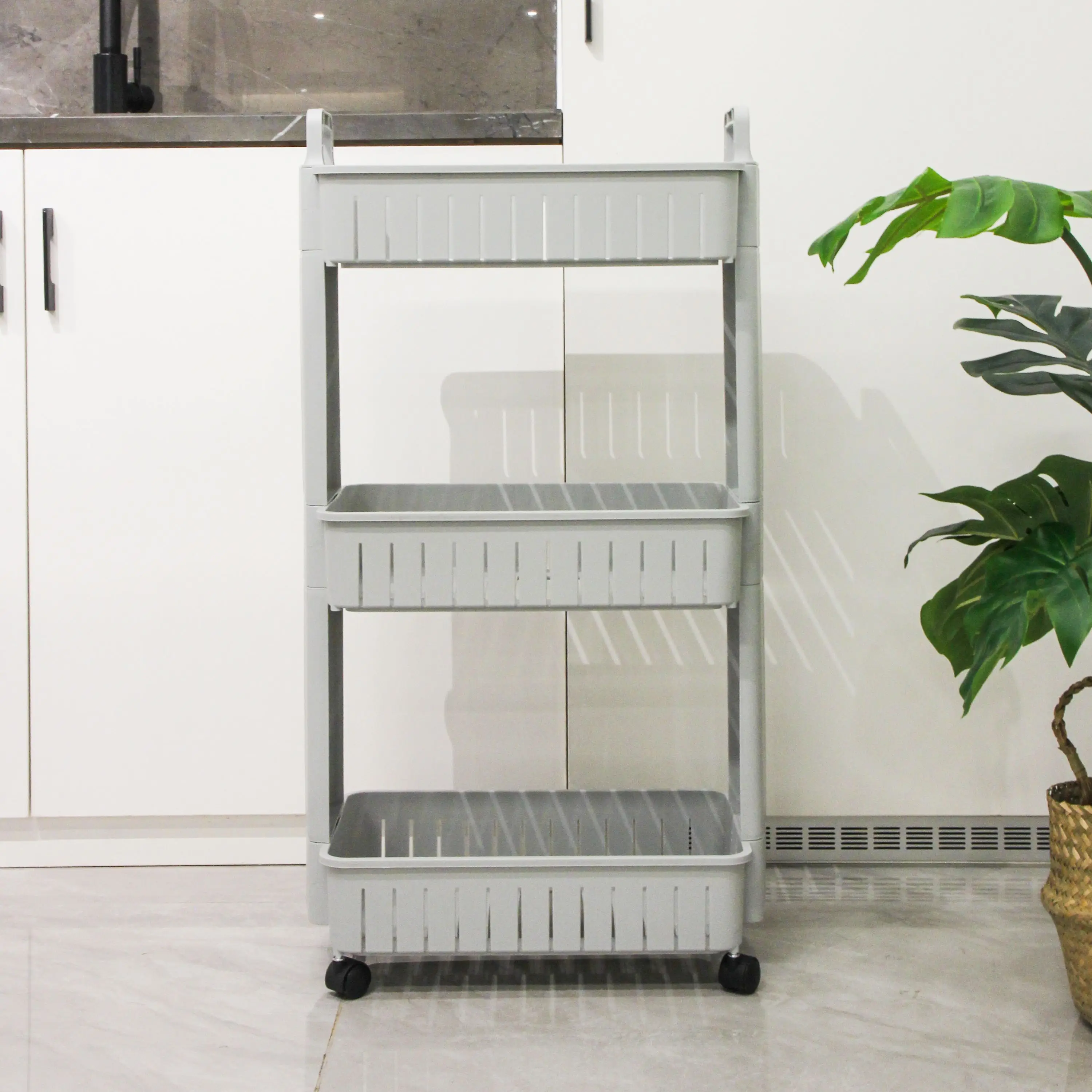 Bathroom plastic shelf storage rack with wheel