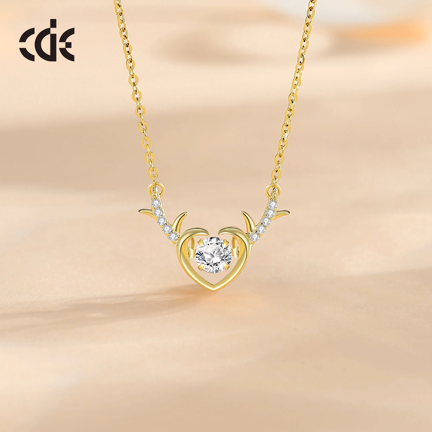 CDE CZYN019 925 Sterling Silver 14K Gold Plated Christmas Jewelry Gift Heart-shaped Deer Pendant Necklace Christmas Necklace