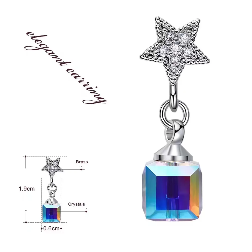 CDE E1841 Fashion Jewelry Crystal Cube Earring Wholesale Rhodium Plated Copper Alloy Shiny Star Shape Drop Earrings For Gift
