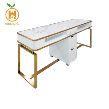 High Quality Nail Beauty Salon Furniture Marble Top Gold Stainless Steel Frame Manicure Nail Table For Sale