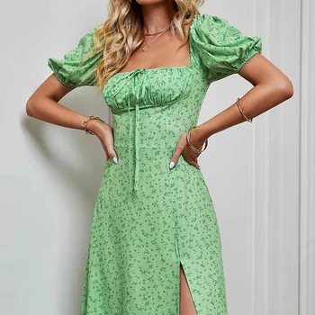 NEW Trend Summer HOT Sale Ladies Dressing Professional Custom Olive Floral Puff Sleeve High Waist Short  Trending Midi Dress