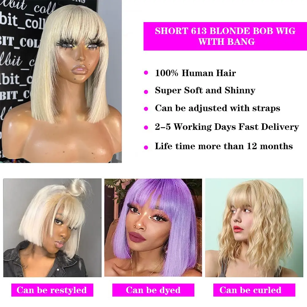10A Grade 613 Blonde Short Straight Bob Wig With Bangs Brazilian Vrigin Human Hair Machine Made Blonde Bob Fringe Wig For Women
