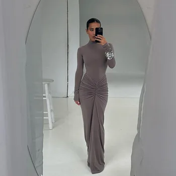 Trending products new sexy waist slimming solid color long dress temperament pleated dress women wrinkled causal dress