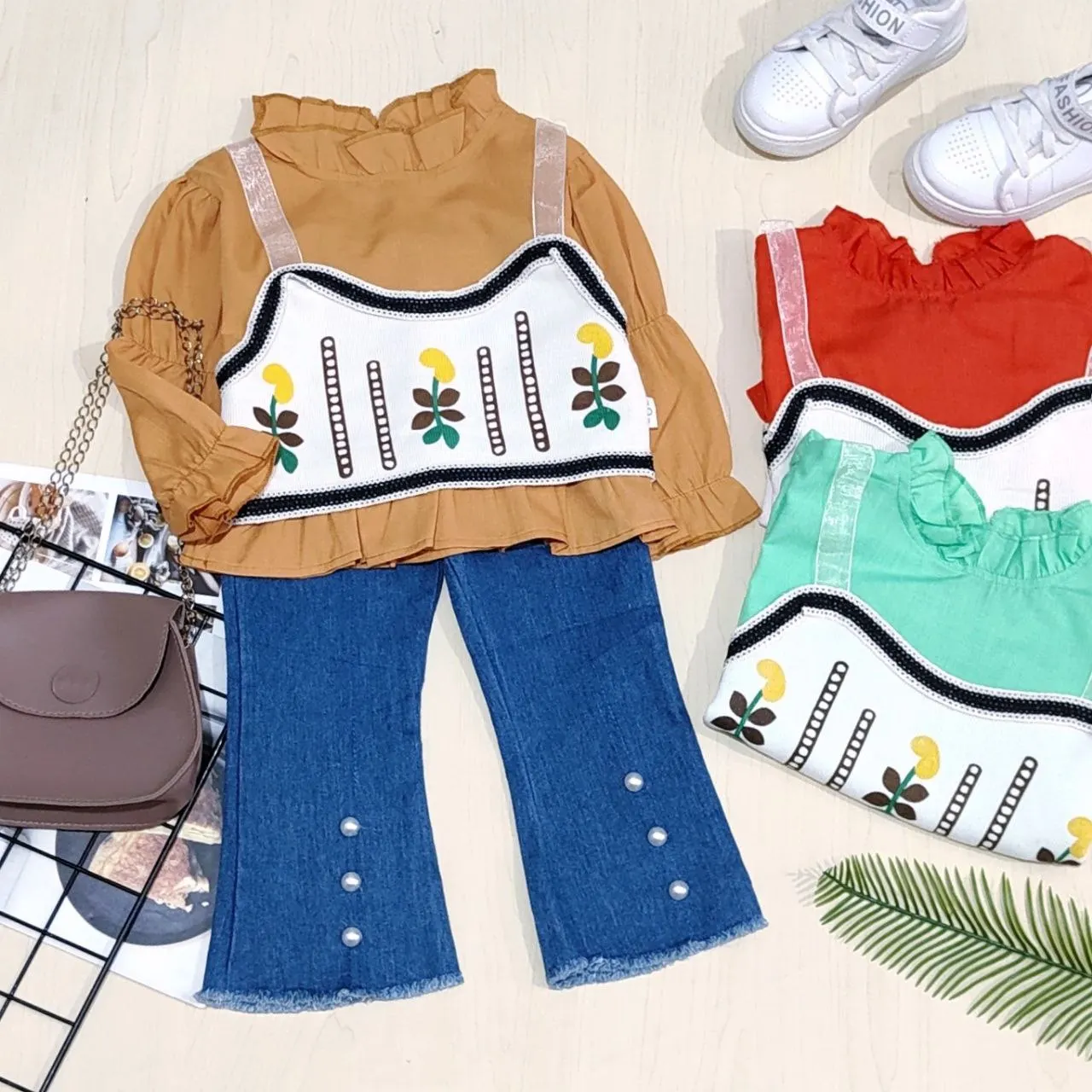 Summer new style girls Korean style clothes set suit inner and jeans kids girls clothes set in stock children clothes