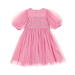 China New Arrivals Bead Floral Chiffon Fabric Organza Kids Baby Girls Lace Tutu Dress Girls Mesh Dress