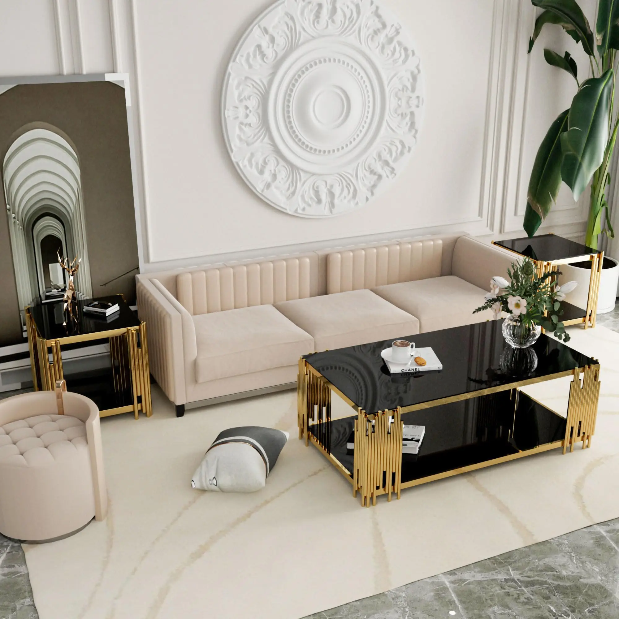 Gold Nordic Modern Luxury Black Metal Glass Top Center Table Mirrored Living Room Furniture Tempered Glass Coffee Table