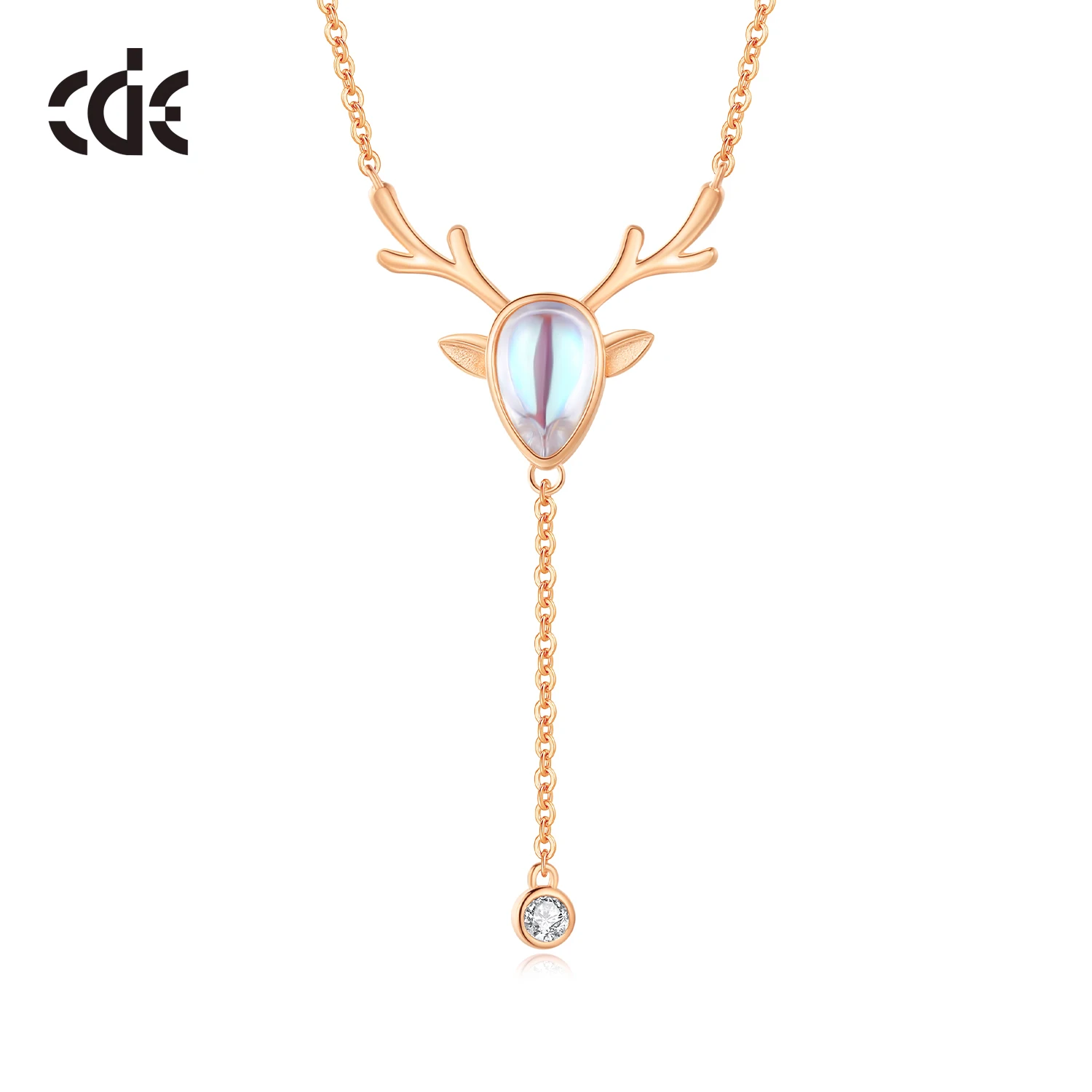 CDE V06305 925 Sterling Silver Jewelry Moonstone Deer Shape Pendant Rose Gold Plated Christmas Series Necklace