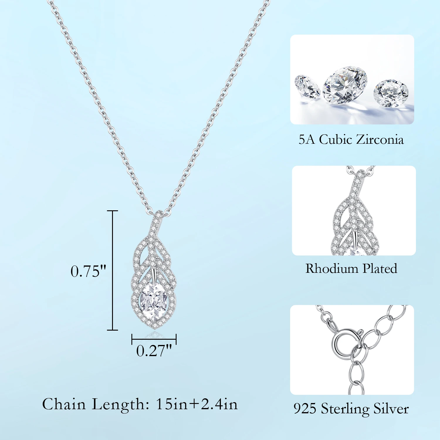 CDE WYN12 Luxury Jewelry Fine 925 Sterling Silver Necklace Wholesale Bulk Rhodium Plated Zircon Feather Pendant Necklace