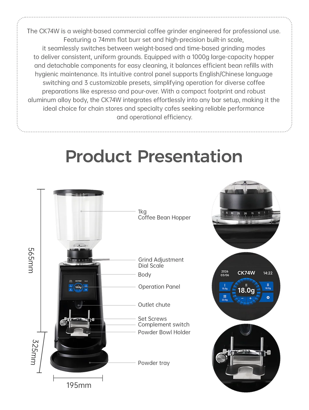 2026 New CK74W Espresso Coffee Grinder Heavy-Duty Espresso Grinder 74mm Burrs Large Capacity 1kg Hopper Stepless Setting Café