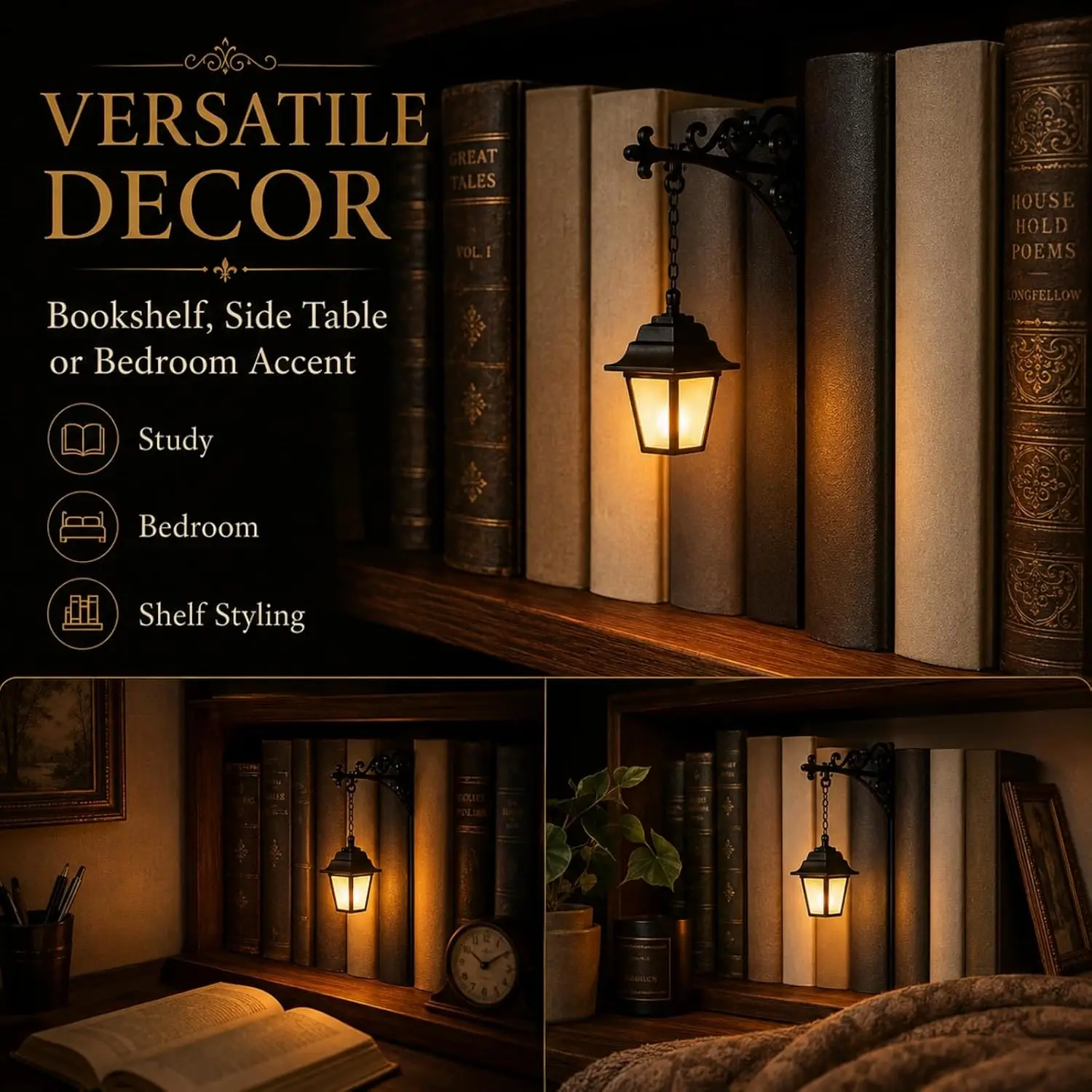 Library Lantern Mini Bookshelf Lamp 3Pcs Black Plastic LED Indoor Hanging Decorative Wall Bookcase Insert Light Push Button