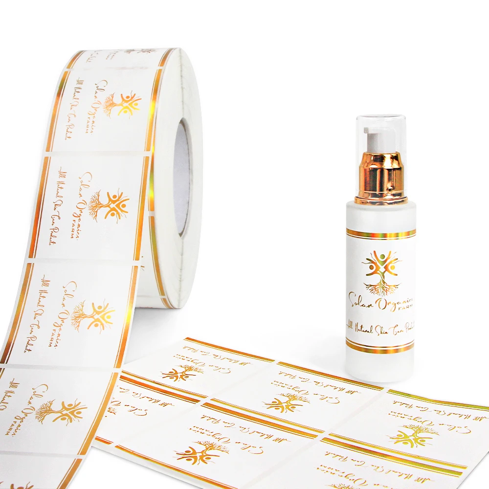 Custom Holographic Gold Foil Hot Stamping Vinyl Label Stickers Printed for Perfume Cosmetic Skincare Packaging Plastic Bottles
