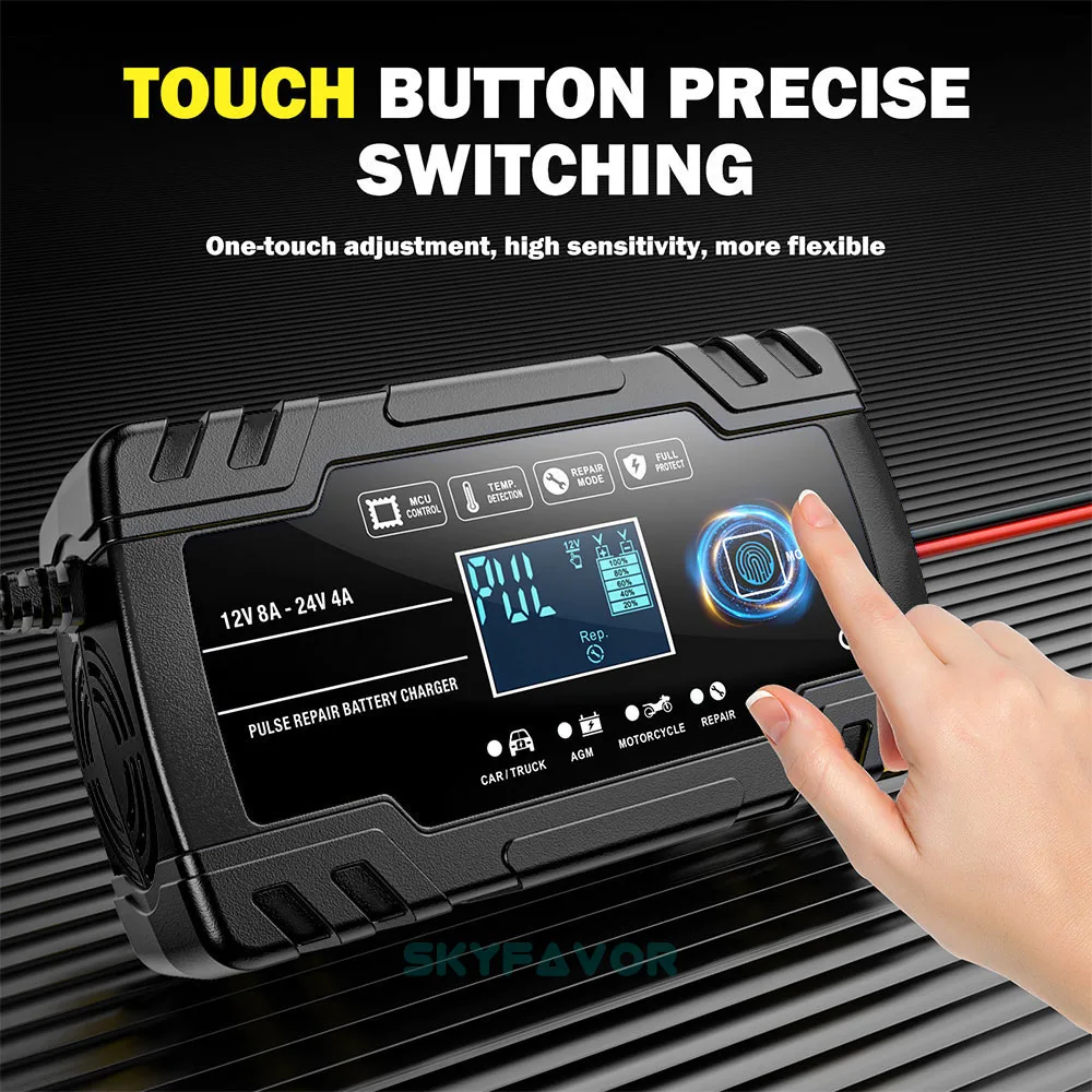 Universal truck car battery charger 12V 24V 8A automatic Maintenance-free gel agm dry wet deepcycle pulse repair battery charger