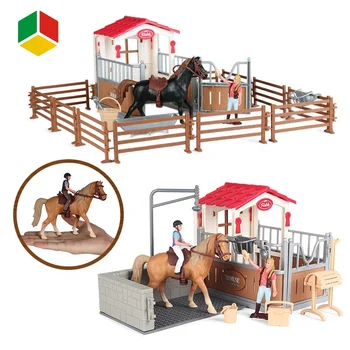 QS Toy High Simulation Animal Pretend Play Plastic Ranch Stable Model Sence Horse Farm Animal Set Cage Toy With Farmer And Fence