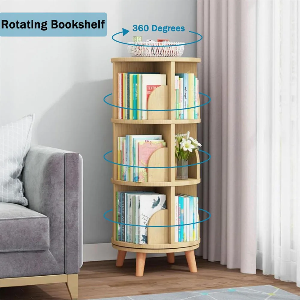 Modern 3-Tier Rotating Bookshelf with 360 Display Wood Panel Standing Kids Bookcase with Legs details