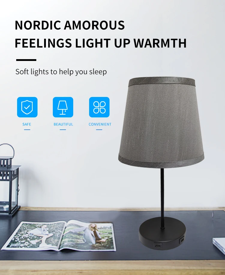 modern Gray lampshade meteor shower high quality  bedside table lamp with usb port