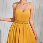 Yellow Hot Sale Lace Insert Ruffle Hem Boho Backless Sleeveless Slip Long Maxi Yellow Dress