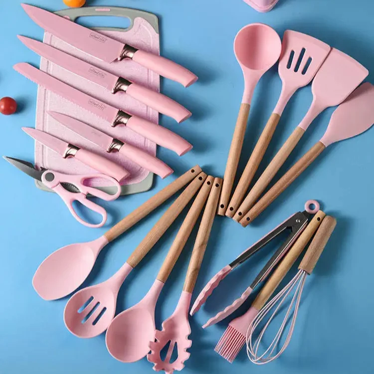 19-piece set of silica gel kitchen utensil set with wooden handle and cuttings board storage bucket kitchen gadget set