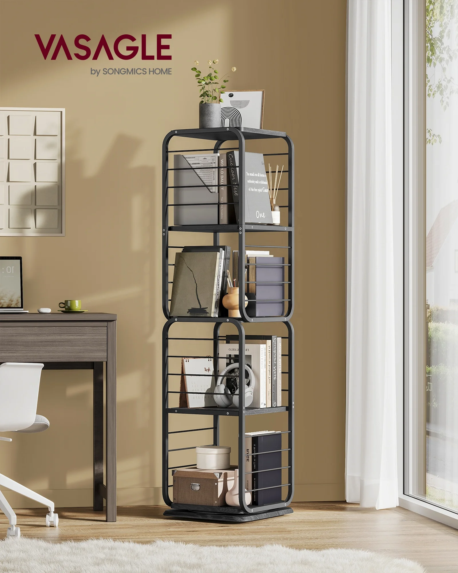 VASAGLE Storage Shelf Corner Shelf Storage Holders Racks 4-Tier Rotating Bookcase with Bookends Standing Shelf
