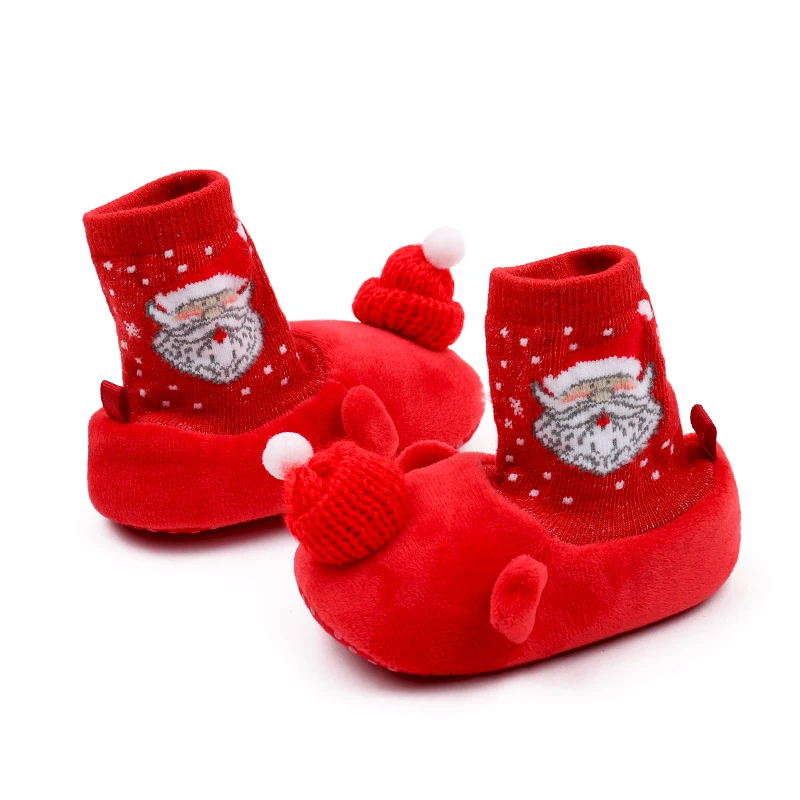 Christmas Solid Color Warm Cartoon Santa Snowflake and Fuzzy Woolly Hat Baby Warm Soft Soled Socks Shoes manufacture