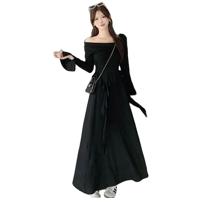 Black long sleeved asymmetrical top+high waist half length long skirt, ladies' Korean fashion new two-piece set