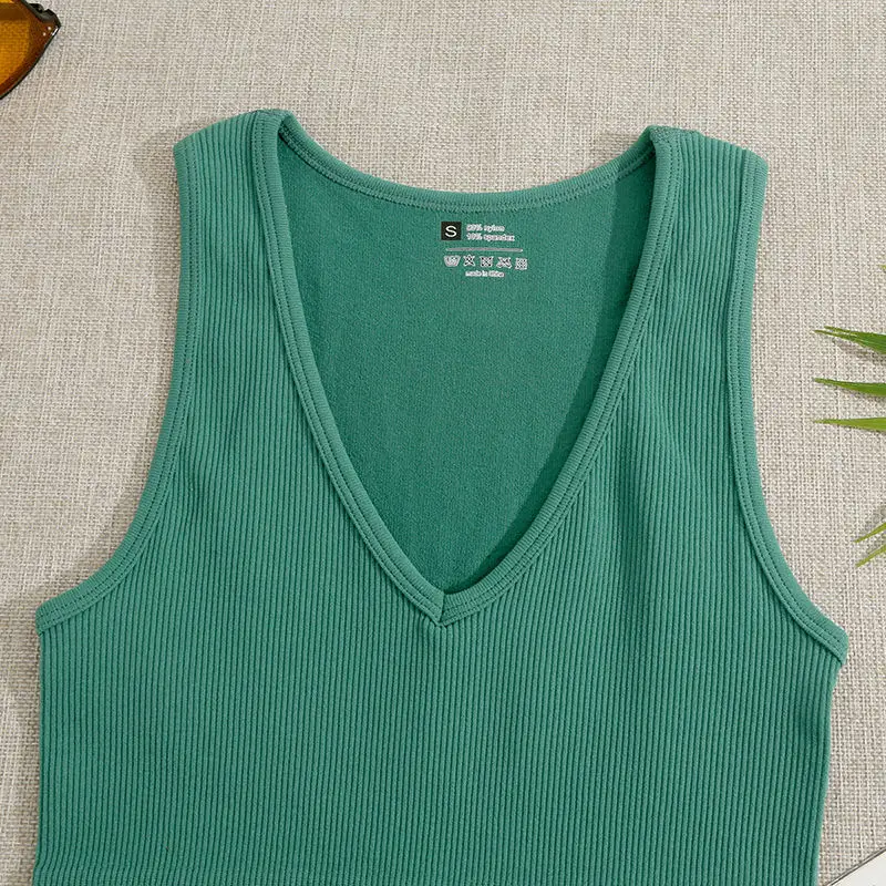 13 Colors Seamless Crop Top Women Sexy Vest V-neck Soft Camisole Rib-Knit Sleeveless Elastic Casual Tank Tops Female Without Pad