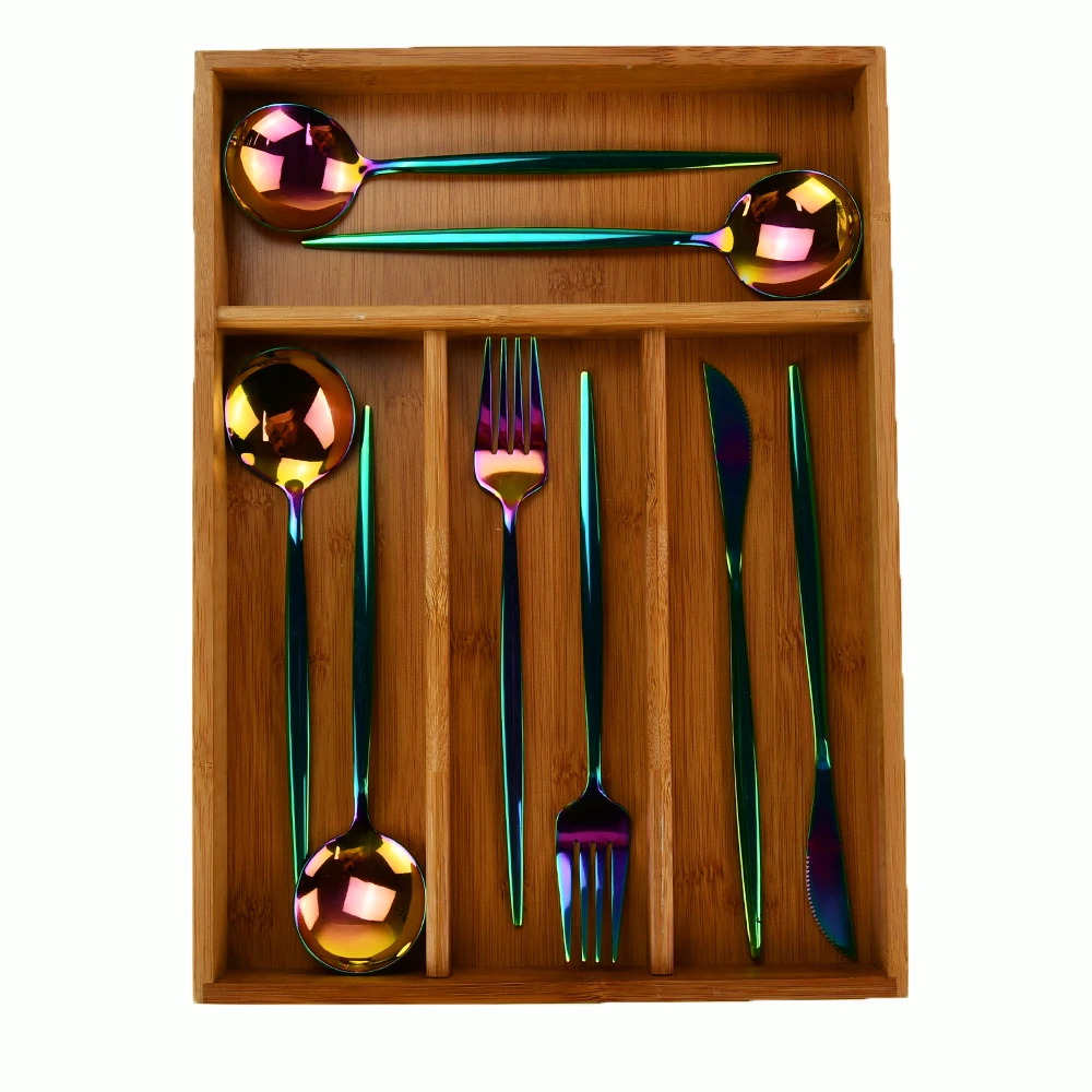 Luxury Countertop Bamboo Cutlery Organizer Utensil Holder With Grooved Drawer Dividers For Kitchen Drawers