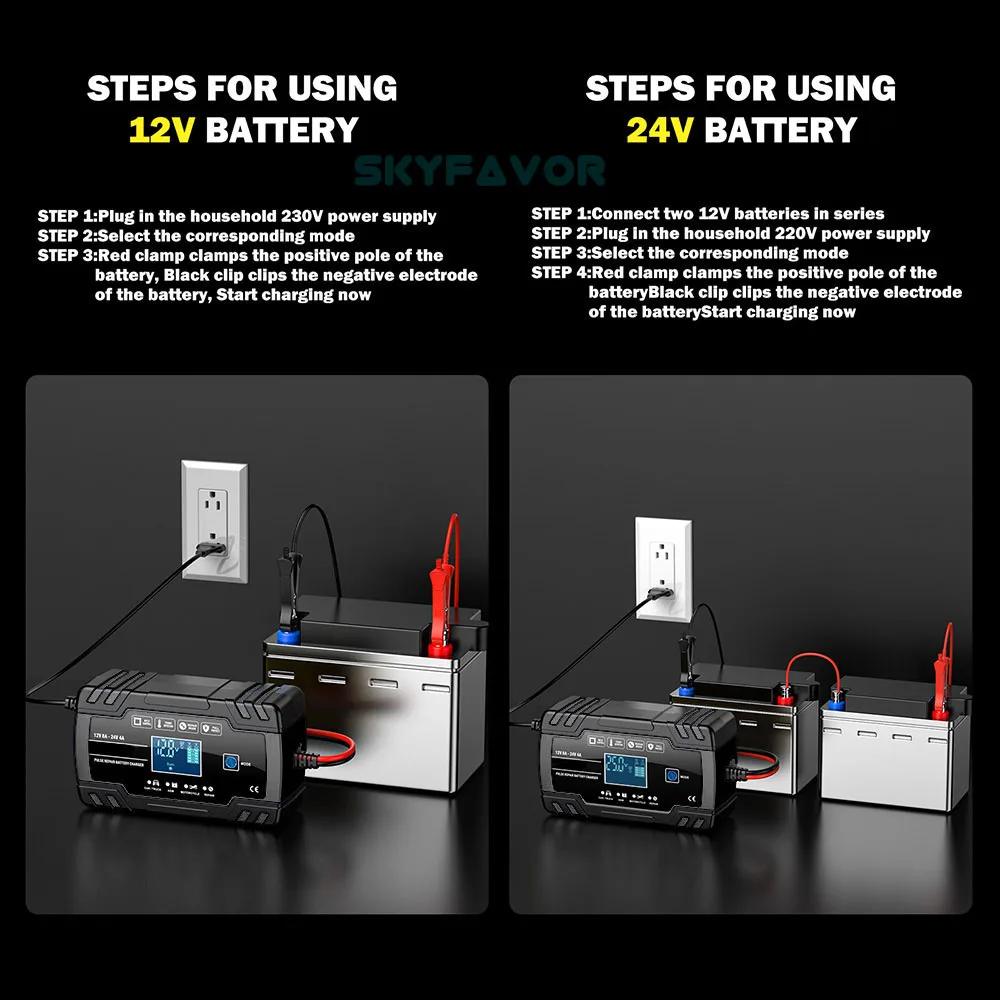 Universal truck car battery charger 12V 24V 8A automatic Maintenance-free gel agm dry wet deepcycle pulse repair battery charger