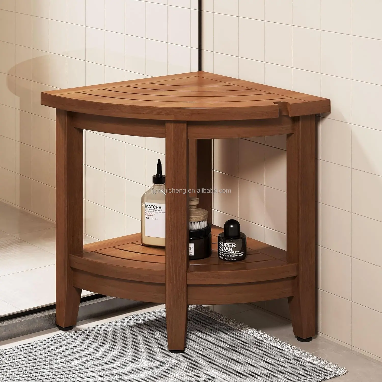 product teak corner shower stool adjustable non slip feet 2 tier storage shelf for shaving legs bathroom furniture-4