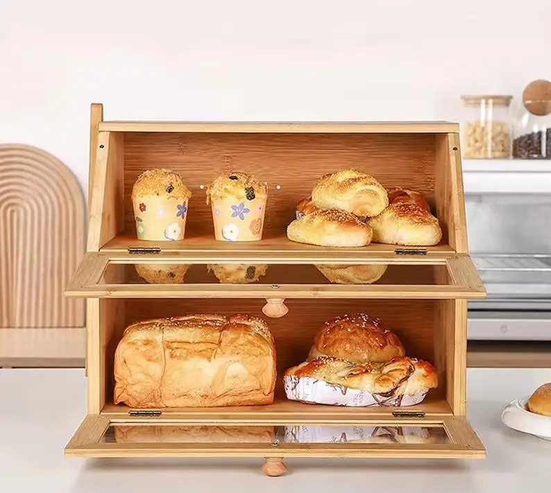 Extra Large Double Layer Natural Bamboo Bread Box with Clear Windows for Kitchen Countertop