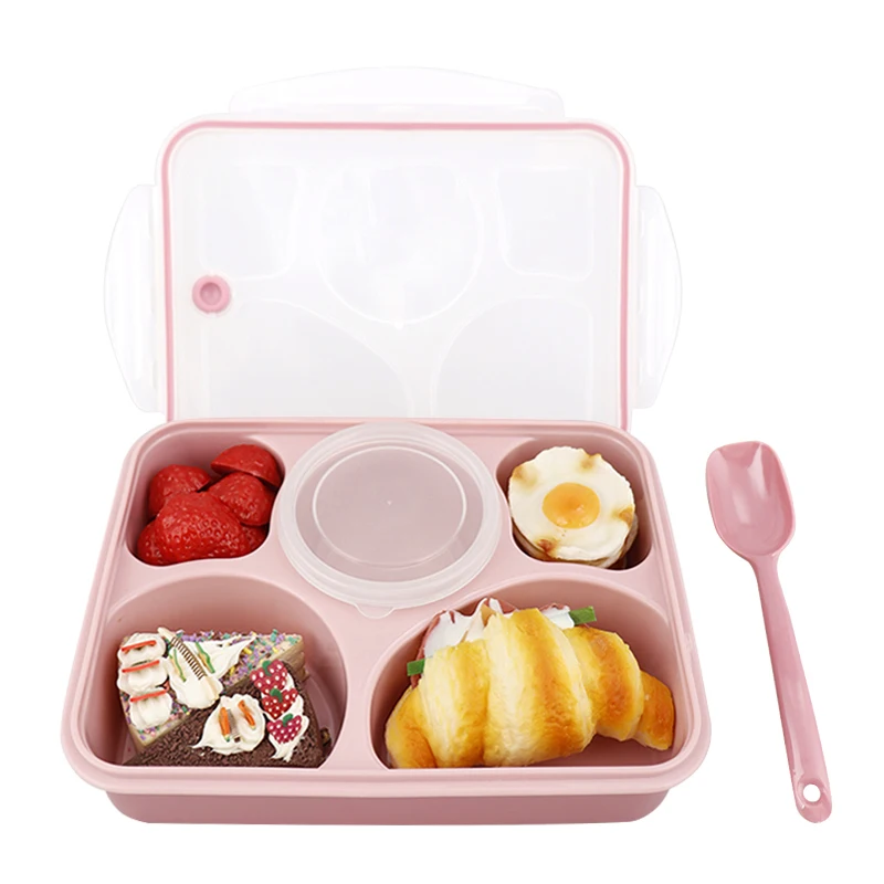 Kids Outdoor PP Food grade with spoon sauce container 5 compartments Microwave plastic kids bento lunch box