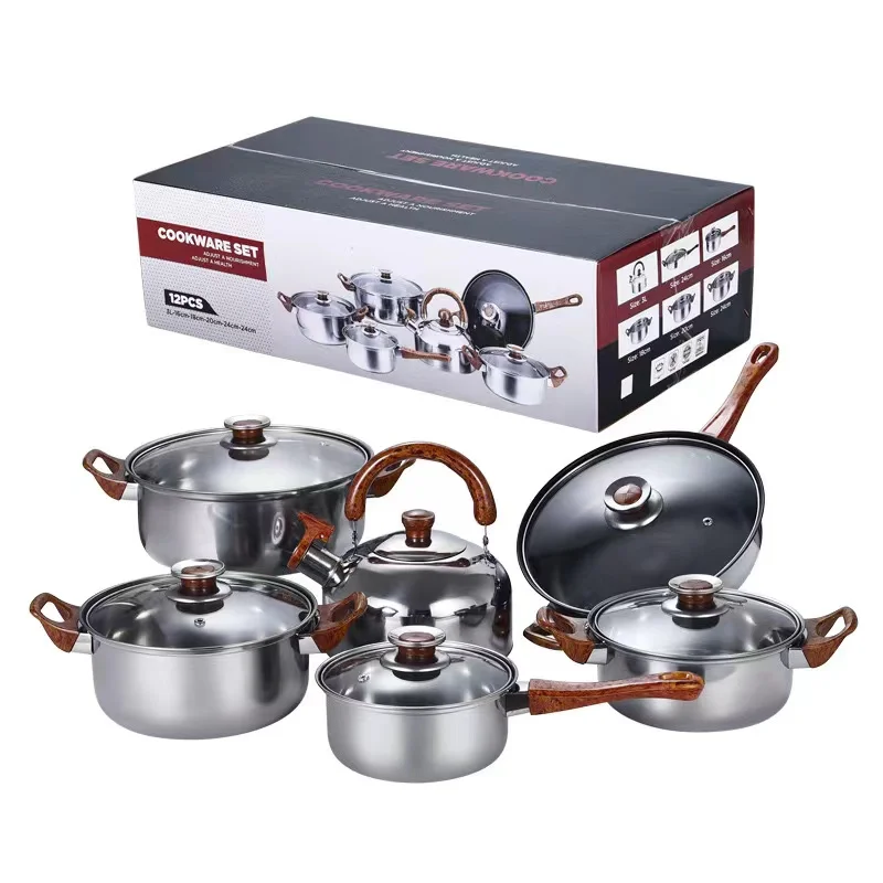 Fast Shipment Hot Selling Stainless Steel Pot Set Cookware set with Glass lid Single Bottom Pot Set With Kettle Cook Dinnerware