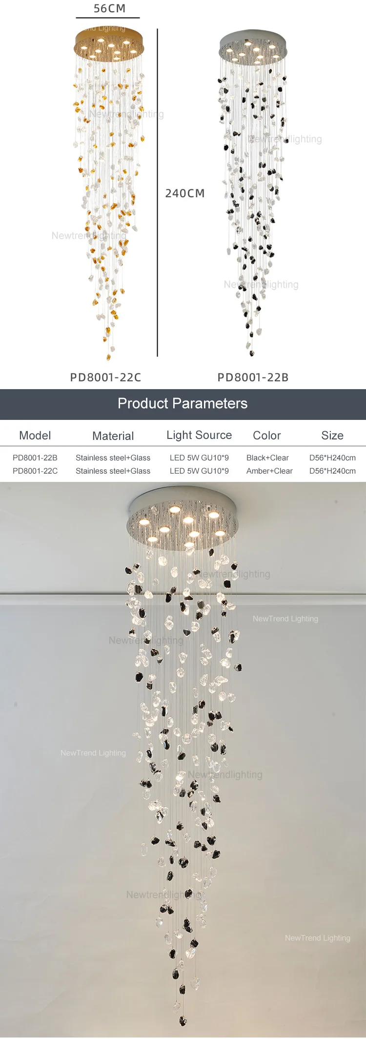 PD8001 Custom Hotel Lobby Villa Banquet Hall Decoration Bespoke Chandelier Modern Glass Pendant Light factory