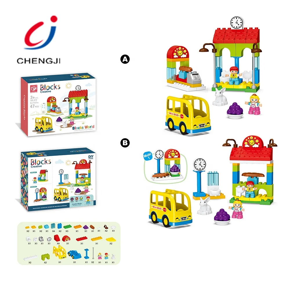 Toys Recycled Plastic Kids Block, STEM  47 PCS Bus Station Color Block Toy