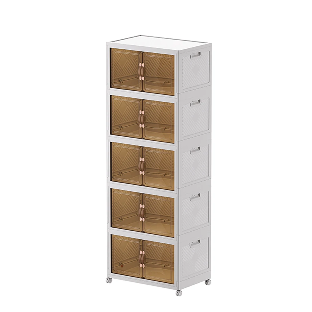 Clothes Plastic Folding Bins Box Office Bedroom Transparent Foldable Double Door 5 Shelf Drawers Storage Cabinet