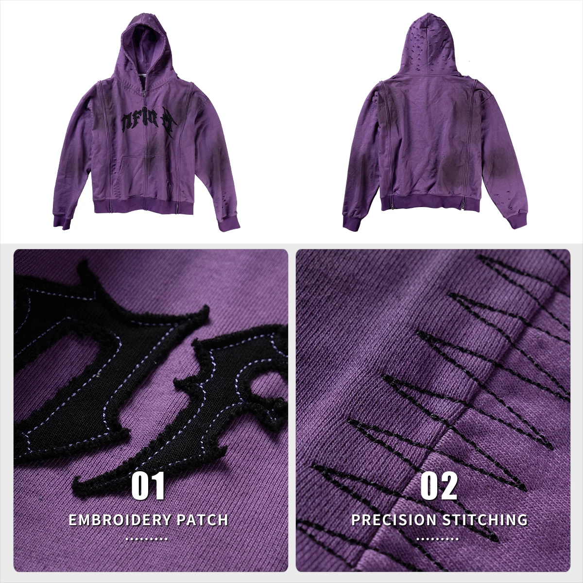 product 450gsm oversized heavyweight vintage acid wash mens zip up embroidery hoodie cotton distress design dirty wash hoodie unisex-4