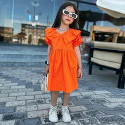 INS fashion girls dresses lapel ruffle collar orange color toddler clothing summer girls kids princess dresses