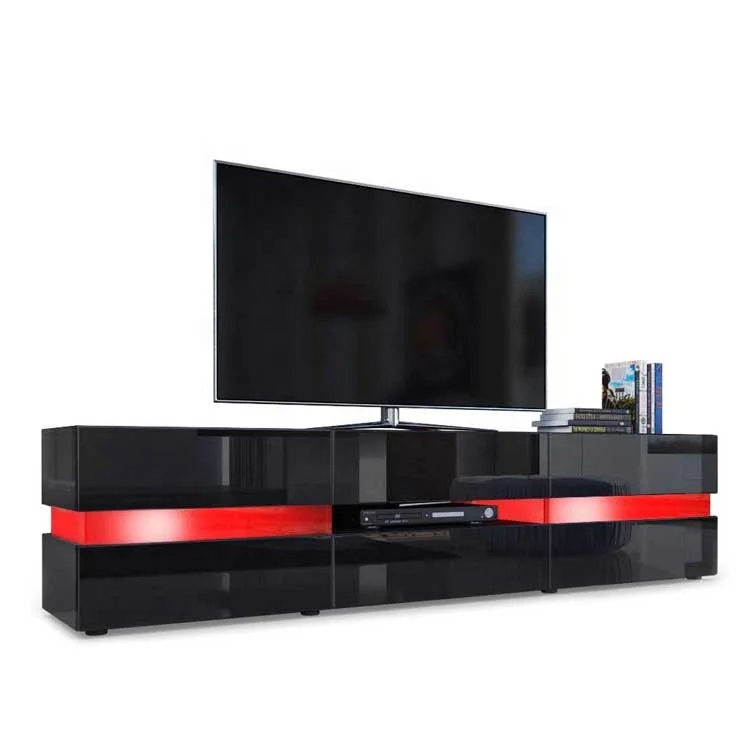 New design wooden Morden Low Large I shaped Flat pack Big 75 inch led lcd tv floor stand tv table