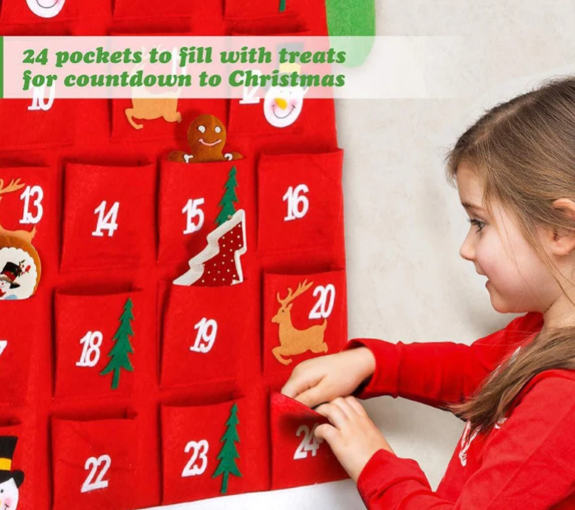 DD199  Xmas 24 Days Advent Calendars Cloth Santa Kids Gift Decoration Pendant Felt Christmas Tree Pocket Advent Calendar
